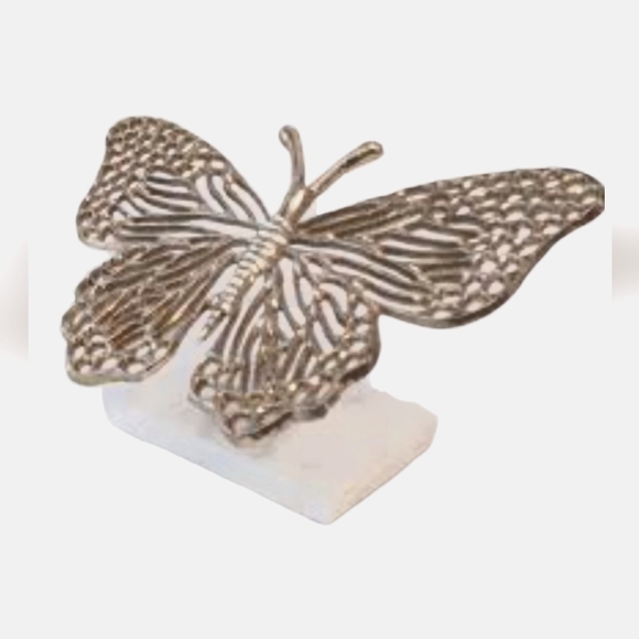 Beautiful Butterfly Decor Silver Metal Sculpture on Marble Stand 7"x11"x5"Tall - Picture 5 of 12